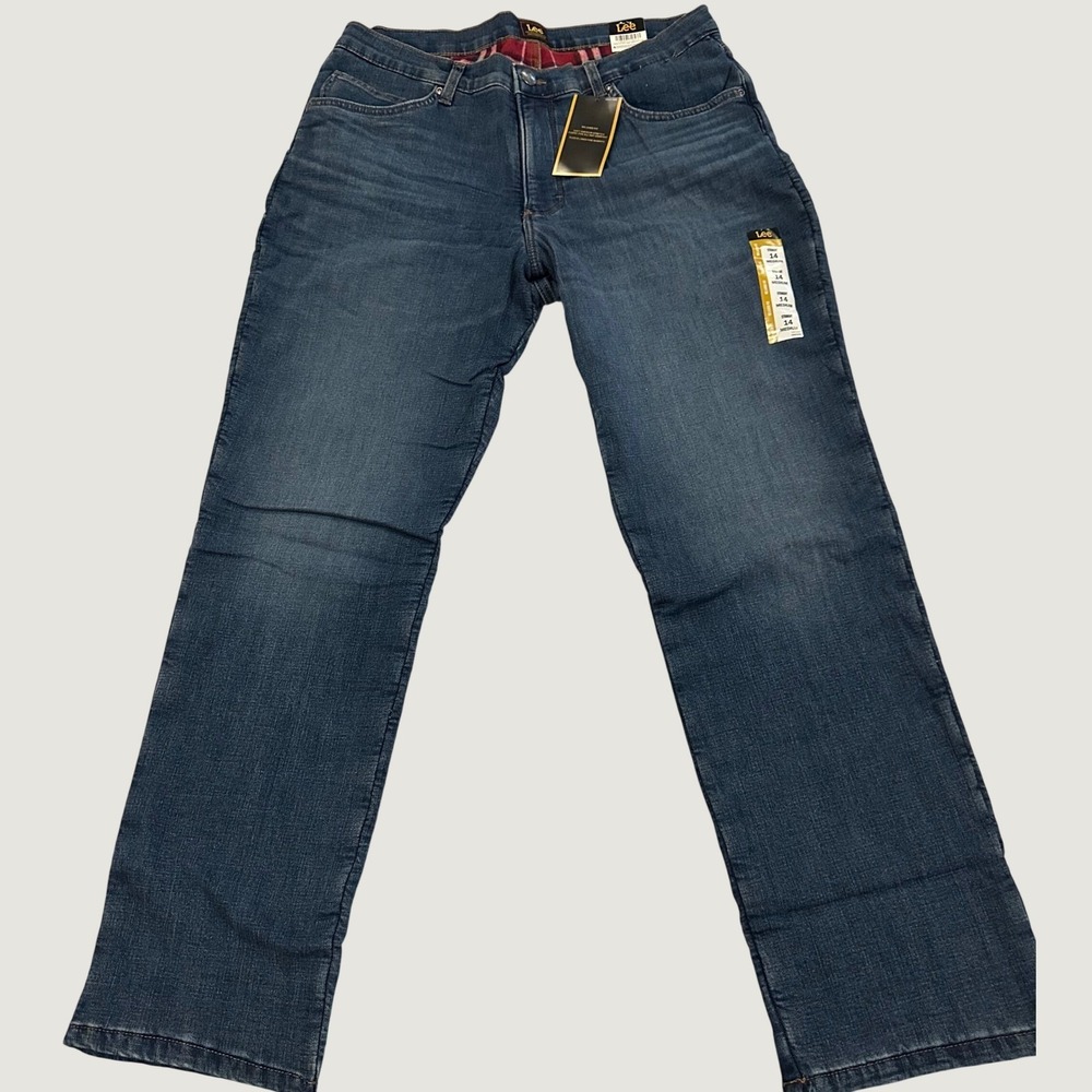 Lee Legendary Straight Leg Fleece Line Jeans Womens 14M Medium Wash Mid Rise NWT
